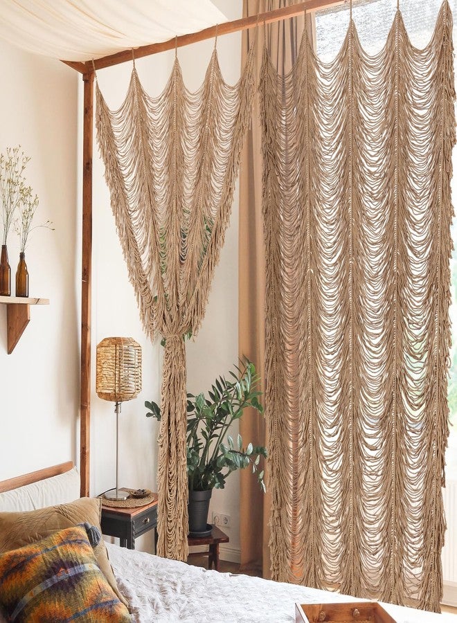 Boshen Macrame Boho Handmade Curtain, 1 Panel Tassels Doorway Window Wall Decor, 100% Cotton Art Craftsmanship Room Divider Wall Hanging for Bedroom, Living Room, Wedding, 75" L x 59" W Kakki - Image 1